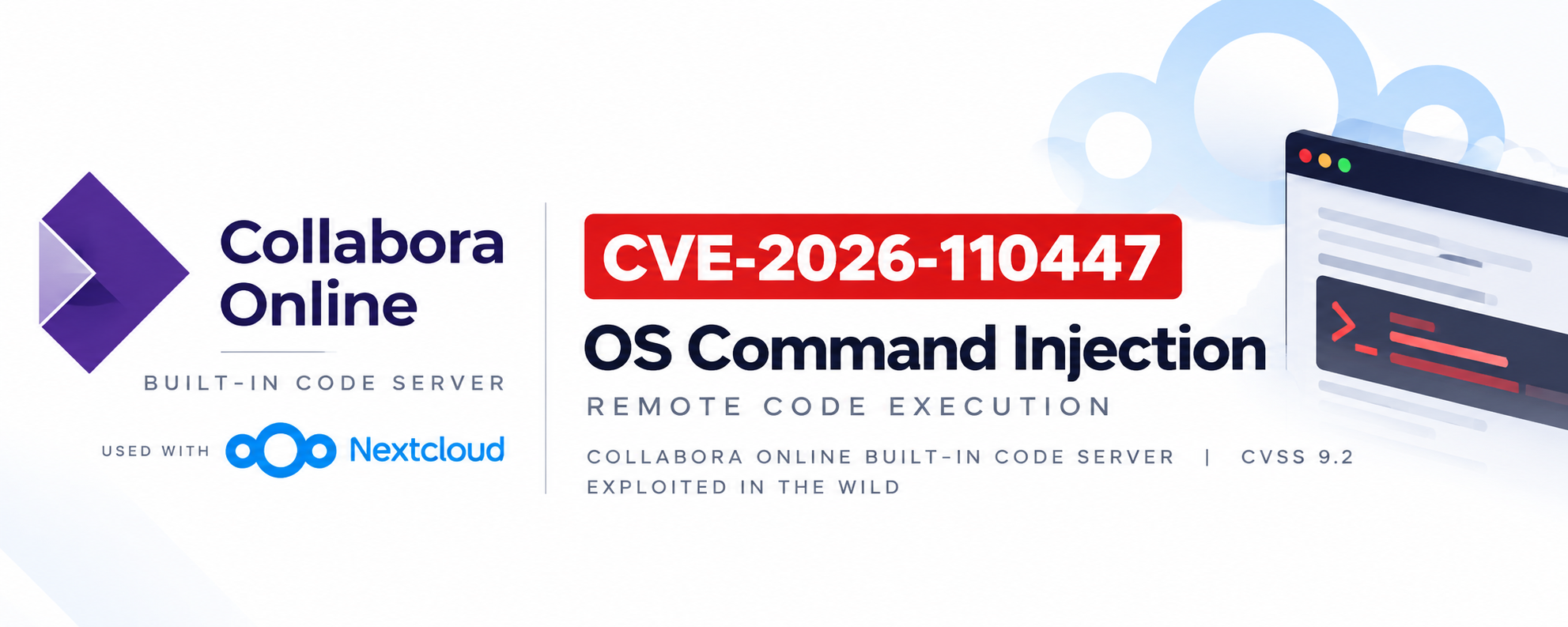 Security advisory graphic for CVE-2026-110447, a critical command-injection vulnerability in the Nextcloud built-in Collabora CODE Server